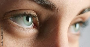 Face, thinking and eyes of woman with mental health, anxiety and stress. Portrait, analysis and girl with vision, eye or zoom and blink motion eyelashes or contact lenses while contemplating Stock Video