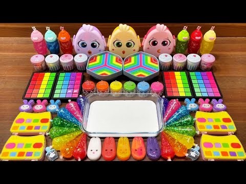 Slime Mixing – Rainbow Bird Piping Bags into Glossy Slime Satisfying #68