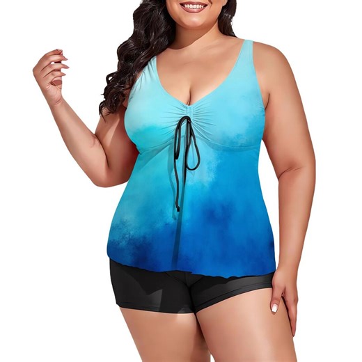 Plus Size Tankini Swimsuit, Blue Ombre Two-Piece Bathing Suit, Tummy Control Summer Beach Outfit