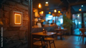 a cozy restaurant with brick walls, wooden tables and chairs, and warm lighting. The restaurant is empty
