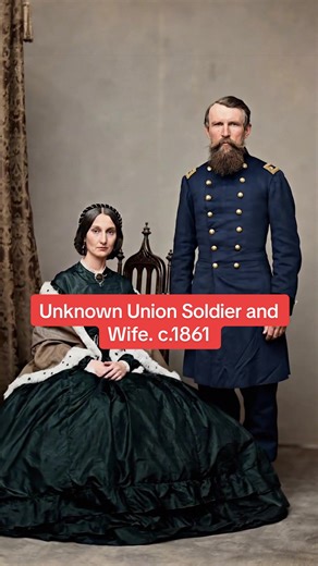 An unidentified Union officer stands beside his wife in this Civil War–era portrait taken around 1861. Dressed in his military uniform, the officer rests one arm on the chair while his wife sits beside him in a full crinoline dress, a style typical of the early 1860s. Studio portraits like this were often taken before soldiers left for the war, serving as a lasting memory for families who faced an uncertain future. Many couples posed for photographs just like this as the nation descended into co