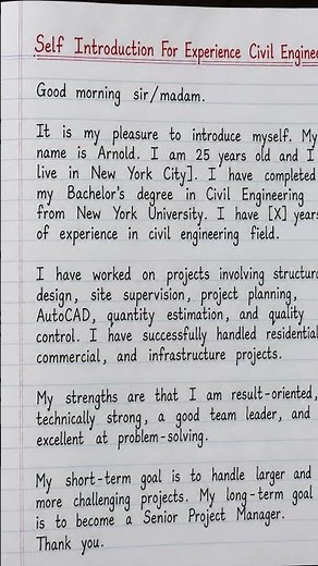 Self Introduction for experience civil engineer | introduce yourself english #shorts #introduce
