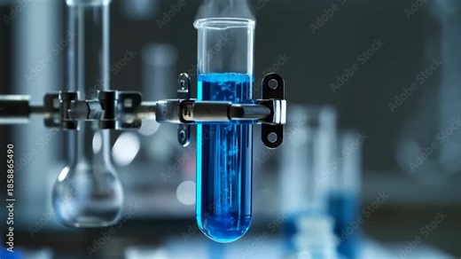 Dynamic blue liquid experiment in glass test tube laboratory setting