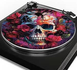 GLENLCWE Gothic Rose Skull Turntable Mat Vinyl Record Slipmat Enhance Music Sound Rubber Mat Design Record Player Mat for Standard 12" Turntable Platters