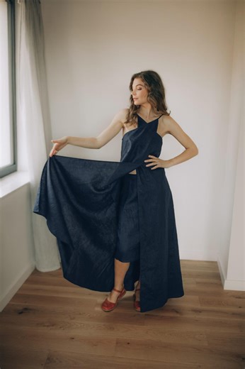 Linen Maxi Dress With Cross Front Neckline – Open Back, Pockets, Layered Dress - Etsy