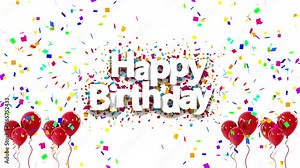 Celebration happy birthday greeting card video. Anniversary celebration animation with confetti and balloons