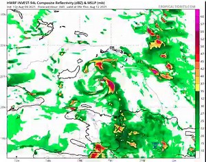 Estimated radar from the 12z HWRF on tropicaltidbits.com. Shows how a little bump north could reduce land effects. Timestamp upper right. Overall 12z models consistant on track and timing. Big question is how it handles land interaction midweek. www.spaghettimodels.com | Mike's Weather Page