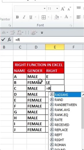 Right Function in excel