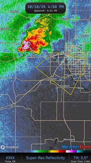 629pm—severe weather update. New hail core moving into Sapulpa. Hail to half-dollar size possible. Some over Tulsa a bit weaker. Some hail threat remains. | FOX23 Chief Meteorologist James Aydelott | Facebook