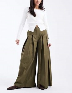 ASOS DESIGN tailored pleated wide leg trousers  in khaki | ASOS