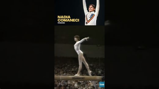 Nadia Comaneci mouting the beam