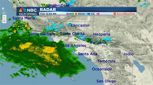 It's Your NBC Palm Springs Radar NOW! We are tracking a large area of precipitation moving East toward the SoCal coastline. Rain has just start falling over LA County. Given its current speed, most of the Inland Empire should be under rainfall by dinnertime with a few likely light showers possible over the Coachella Valley after the Sun sets. You can also expect a few more inches of snow above 4000-feet in area mountains where a Winter Storm Warning continues through early Friday morning. @Jerry