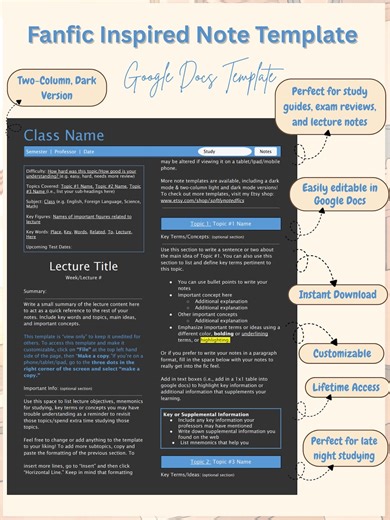 Fanfic Inspired Dark Mode Two-column Notes Template | Google Docs Study Guide (digital Download) | Lecture Notes Template | Aesthetic Notes - Etsy Canada