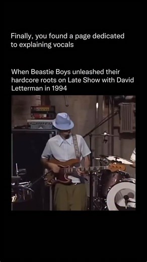 Explaining Vocals on Instagram: "In 1994, Beastie Boys lit up the stage on Late Show with David Letterman with an explosive performance of Sabotage, freshly released from their album Ill Communication. The band was deep into touring at the time and stopped by Letterman for what became one of the most electrifying promotional performances in late night television history. Newly remastered footage only amplifies how raw, loud, and commanding the moment truly was. Introduced by David Letterman with