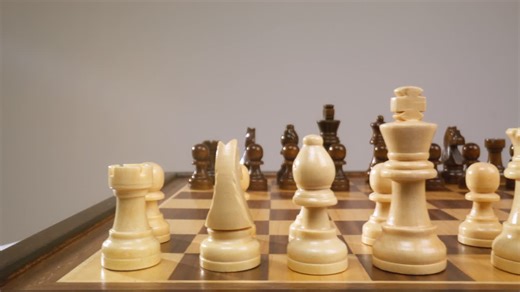 Pan close up shot of the chess pieces neatly arranged on the board over a white backdrop - Free Stock Video