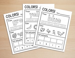 Kindergarten Color Worksheets | 9 Different Colors to Trace, Color, Cut & Paste - Etsy