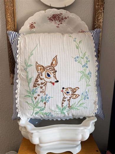 Vintage Embroidered Deer Pillow