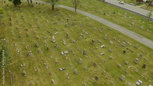 4K Drone Overhead Aerial View of Cemetery, Drone Over Buffalo Cemetery, Pan Down, Rotate, Point of Interest Shot. Shot with DJI Mavic 2 Pro in 4K Wide