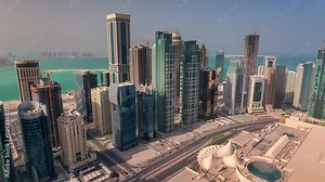 DOHA, QATAR - OCTOBER 25, 2024: Aerial view of Doha's skyline showcasing modern architecture and waterfront development
