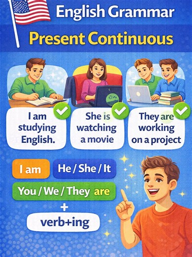 🇺🇸 Today, let's learn an important grammar topic in English: the present continuous tense. We use the present continuous to talk about actions happening right now. It is formed with the verb “to be” a verb ending in “-ing.” For example: “I am studying English.” “She is watching a movie.” “They are working on a project.” Remember to match the verb “to be” with the subject: “am” with I, “is” with he, she, or it, and “are” with you, we, and they. Practice by describing what you are doing at this 