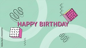 Colorful birthday card with pink and blue patterns on the front, featuring Happy Birthday written in matching letters. Blank back for personalization