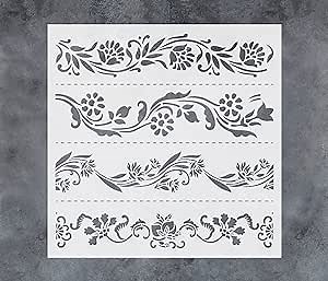 GSS Designs Floral Border Stencils for Painting on Wood Canvas Paper Floor Wall and Tile Ornate Border Stencil 12x12Inch Flower Stencil Reusable DIY Art and Craft Stencils Borders