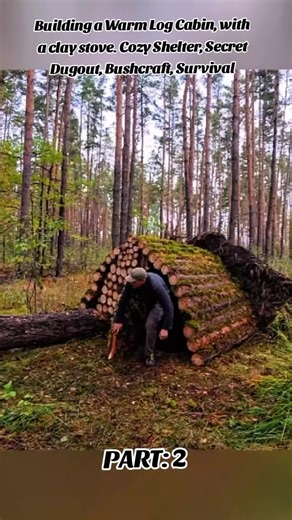 Building a Warm Log Cabin, with a clay stove. Cozy Shelter, Secret Dugout, Bushcraft, Survival #solocamping #uktiktok #bushcraft #forest #wildlife