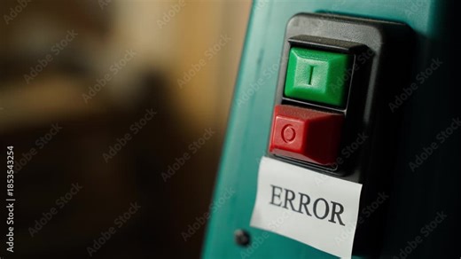 A sticker with the word ERROR is placed under the emergency stop and start buttons of an industrial machine.