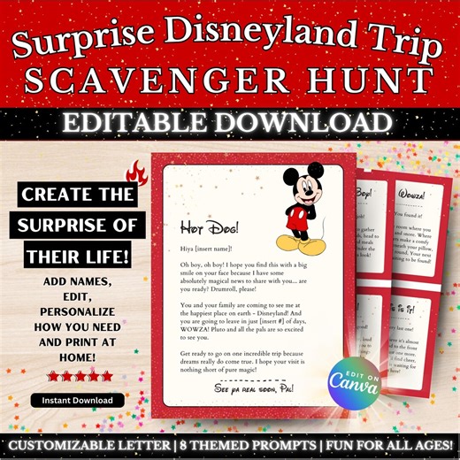 Surprise Disneyland Trip Scavenger Hunt: Editable Clues (digital Download) - Etsy