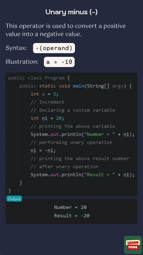 Unary minus (-) (Unary Operators in Java)