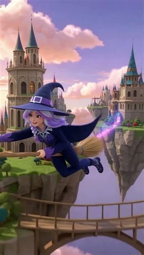 Silver-Lilac Witch Dives Over Floating City
