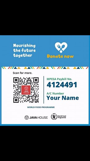 You can help provide a nutritious lunch for a child in school by sharing a meal. Paybill: 4124491 Account No.: Your Name Scan the QR code in store to learn more #JavaLove | Java House