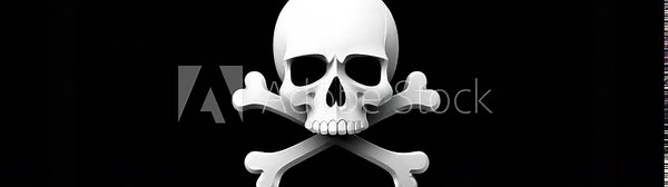 Detailed 3D-style animated skull with crossbones in a slightly shaded rendering, displayed on a black background. Great for horror content, Halloween intros, or digital threat visuals.