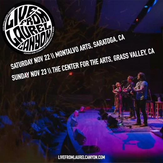 This weekend! Excited to bring “James & Joni” to @montalvoarts on 11/22 and “CSNY” to @thecenterforthearts on 11/23. Who’s coming?! #livefromlaurelcanyon #folkrock #singersongwriters #laurelcanyon #laurelcanyonmusic | Live from Laurel Canyon