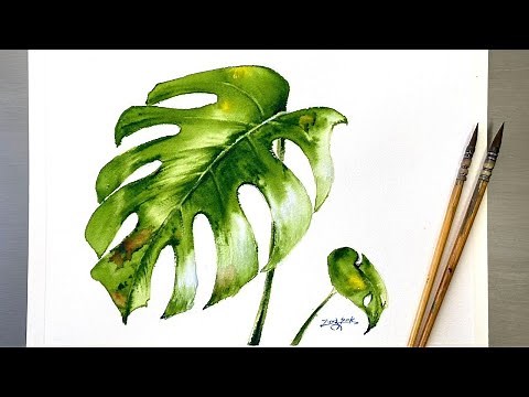 Easy Watercolor Painting - Monstera Plant Leaves-Tutorial for Beginner Step by Step.