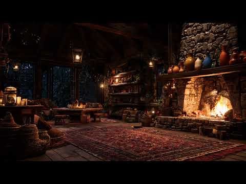 Rain and Fireplace in a Cozy Rustic Cottage | Fairytale Night Ambience