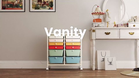 GOFLAME 12-Drawer Rolling Storage Cart, Multipurpose Organizer with 2 Sizes Plastic Drawers, Mobile Utility Cart with Lockable Casters for Home, Office, Beauty Salon, School, Macaron Color