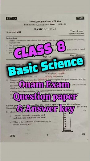 Class 8 Basic Science Onam Exam Question paper 2025 | Class 8 Basic science Answer key 2025