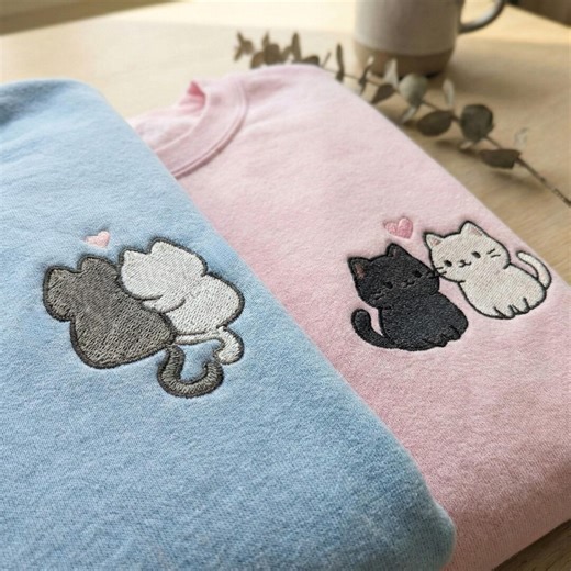 Embroidered Cat Couple Hoodies, Matching Heart Sleeve, Anniversary Gift - Etsy