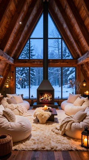 Cozy Cathedral Cabin Living Room ❄️🔥 | Winter Night Fireplace Ambience
