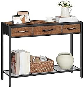 Console Table with 3 Fabric Drawers, Industrial Entryway Table with Storage, Narrow Sofa Table for Living Room, Entrance, Hallway, Couch, Corridor, Rustic Brown and Black CTHR23301