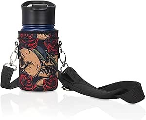 Made Easy Kit Neoprene Water Bottle Carrier Holder with Adjustable Shoulder Strap for Insulating & Carrying Water Container Canteen Flask Available in 5 Sizes (Skulls Roses, S (12oz-14oz))