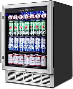 24" Beverage Refrigerator, 180 Can Under Counter Drink Cooler with Glass Door & Lock, Built-in or Freestanding Mini Fridge with Quiet Compressor Cooling for Beer, Soda & Wine