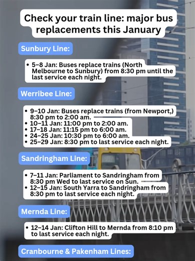 We all know how much Melburnians love bus replacements, but if you’re looking to dodge the delays or need to factor in some extra travel time, we've got you covered 😅 Please note: This is a snapshot of major disruptions. For the full January timetable and real-time updates, head over to the Transport Victoria website. #mysecretmelbourne #smn #melbourne #pt #buses
