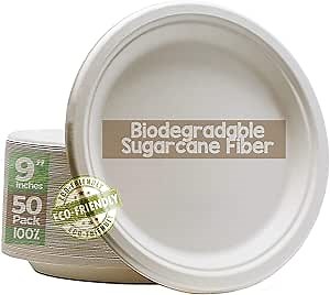 Green Earth, 100% Compostable Paper Plates Natural Bagasse, Sugarcane Fiber, Breakfast Lunch Dinner Biodegradable Recycled Disposable Round Microwave Safe Eco Friendly Heavy-Duty, 9" inches, 50 Pack
