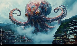 A giant, colorful octopus looms over a serene coastal town, blending fantasy and nature.