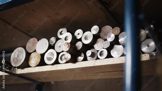 Detailed views of an industrial metalworking shop featuring storage racks of raw steel pipes, rods, and machining tools.