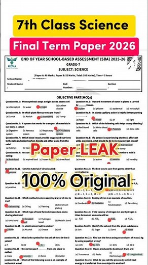 7th Class Science Paper final term 2026 | 7th class ka science ka paper class 7 Science Paper