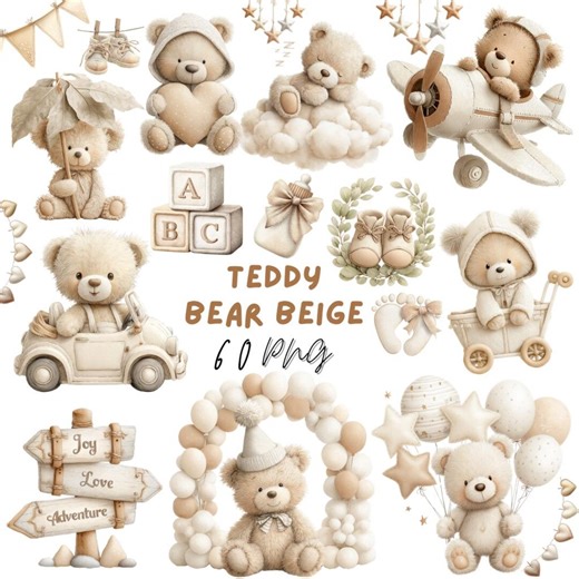 Watercolor Teddy Bear Clipart, Beige Baby Teddies Graphics, Digital Download, 60 Pngs - Etsy