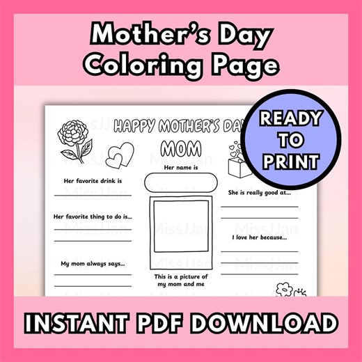 Mother’s Day Coloring Page Printable, Mother’s Day Activity Worksheet, Kids DIY Gift for Mom, Instant Digital Download PDF, Ready to Print - Etsy